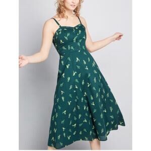Modcloth Interest Achieved Green Cactus Print A line Midi Dress Tank Women's S